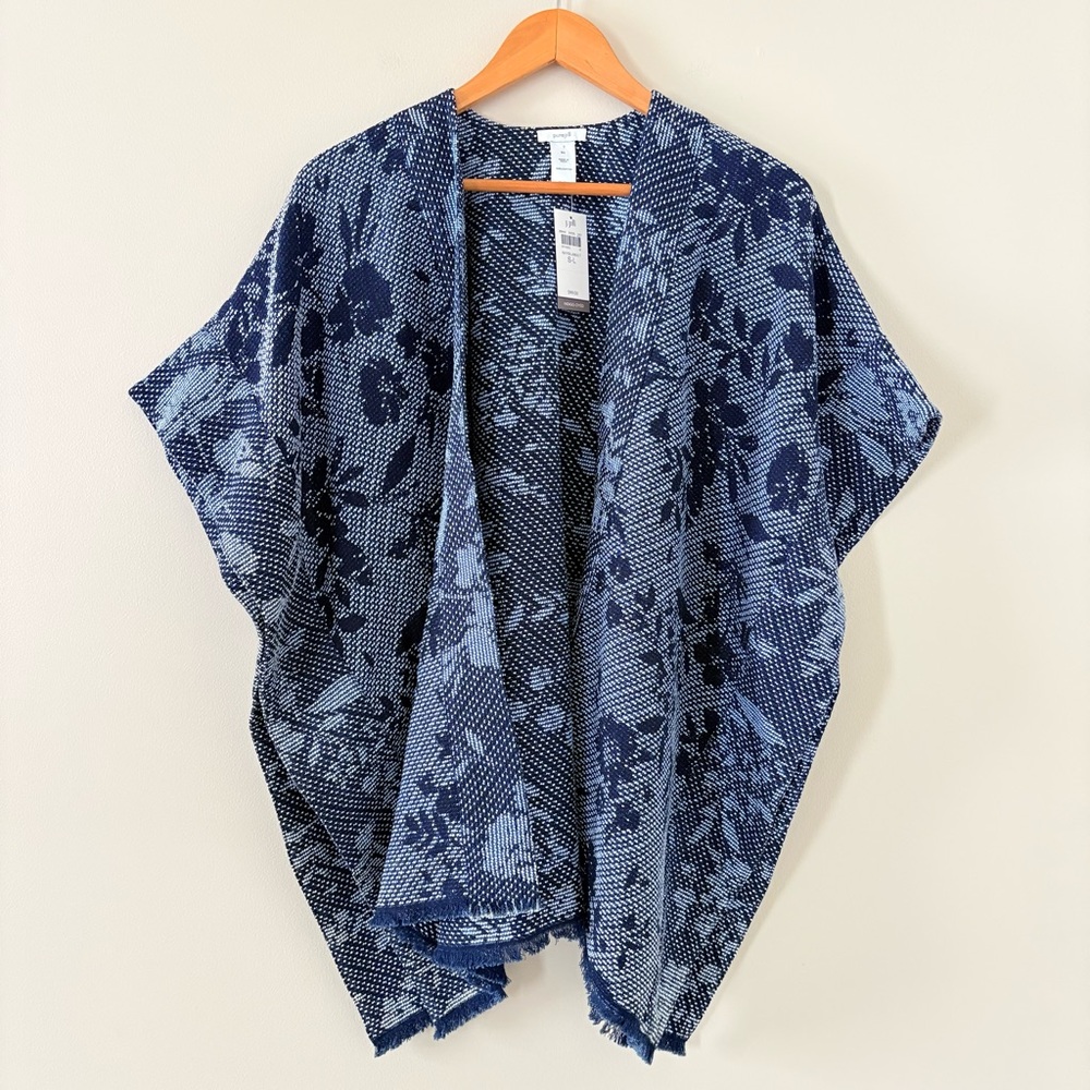 J. Jill Pure Jill Indigo Dyed‎ Cotton Open Cardigan Kimono Floral Textured S-L